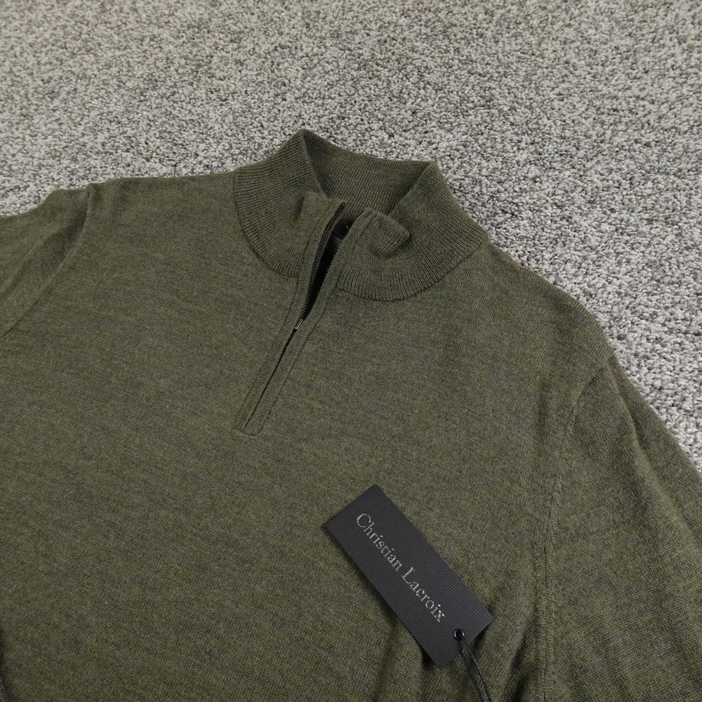 NEW Christian Lacroix Sweater Mens M Green Merino Wool Pullover 1/4 Zip Knit Top